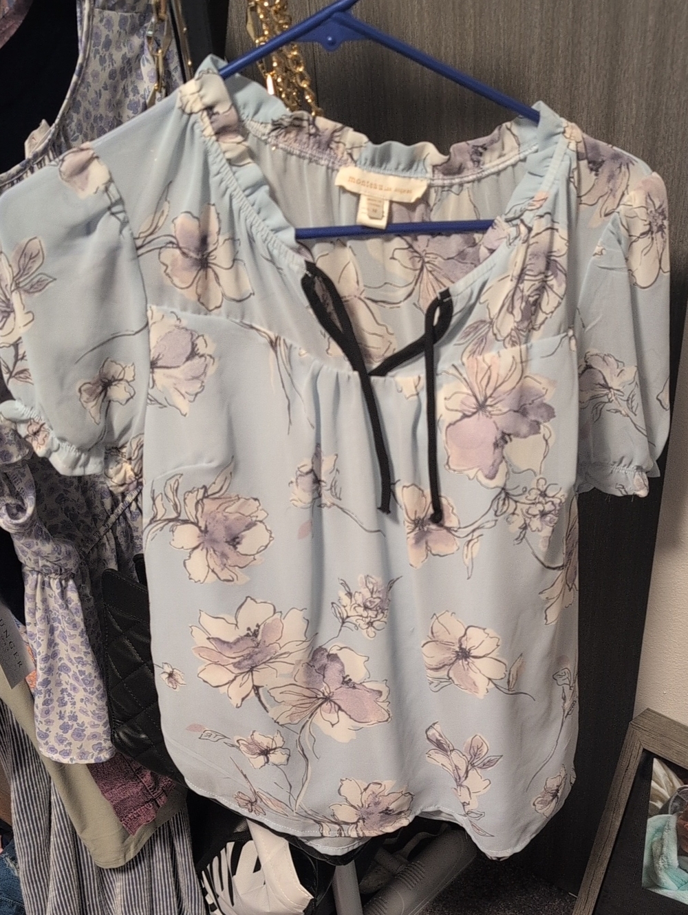 Monteau Light Blue Floral Tie-Neck Blouse